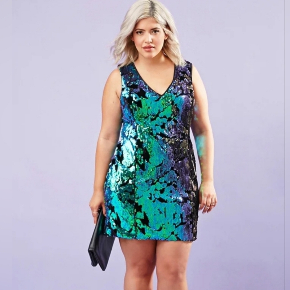 Sequin V-Neck Dress - Blue and Green